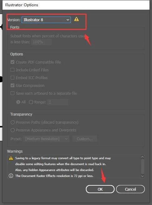 Adobe Illustrator version and Compatibility settings dialog box